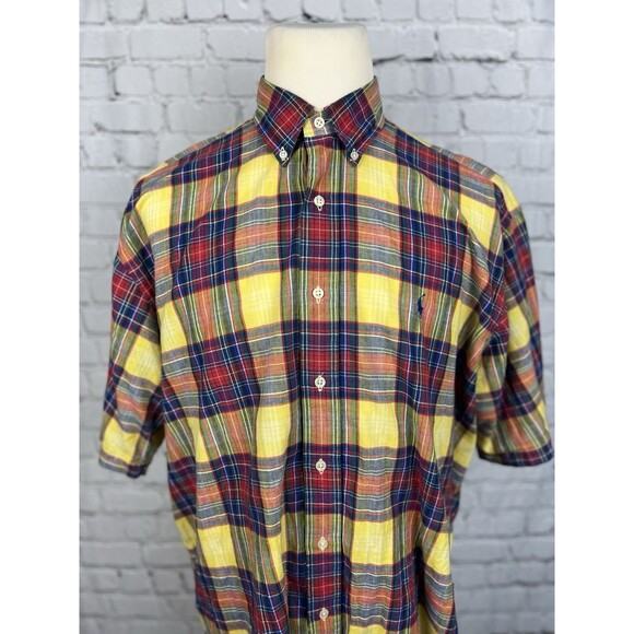 Ralph Lauren Madras Plaid Short Sleeve Button Down Shirt Men Large Blake - Picture 1 of 6
